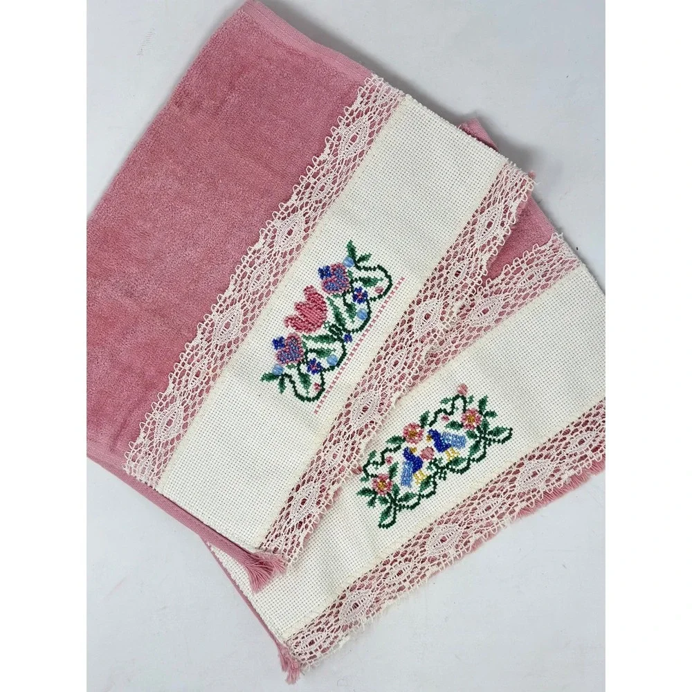 Coquette Grandmacore Cottagecore Cross Stitch Beaded Hand Towels Pink Set of 2
